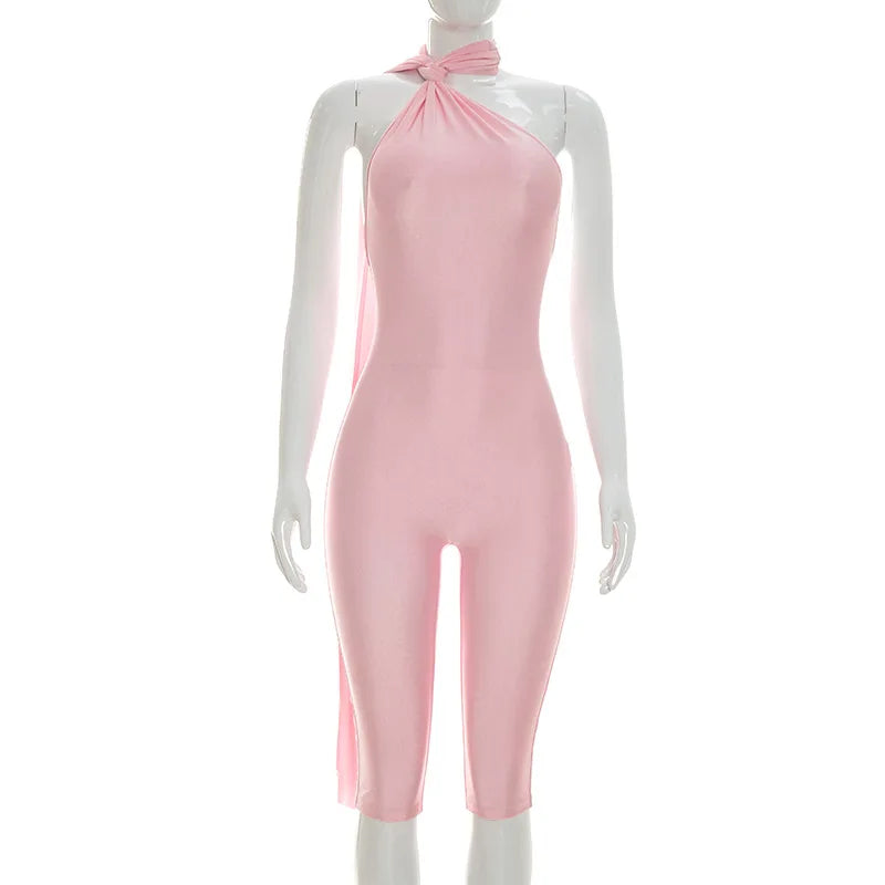 Sexy Ruched Backless Halter Bandage Jumpsuit for Women