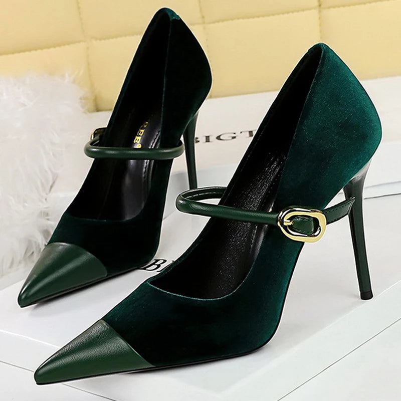 Suede Buckle Strap Pointed Toe Stiletto Pumps for Women
