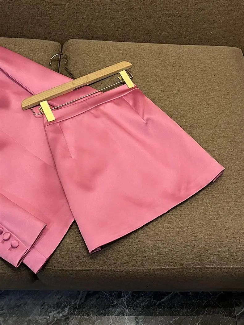 Elegant Pink Long Sleeve Blazer And Short Skirt Set For Women