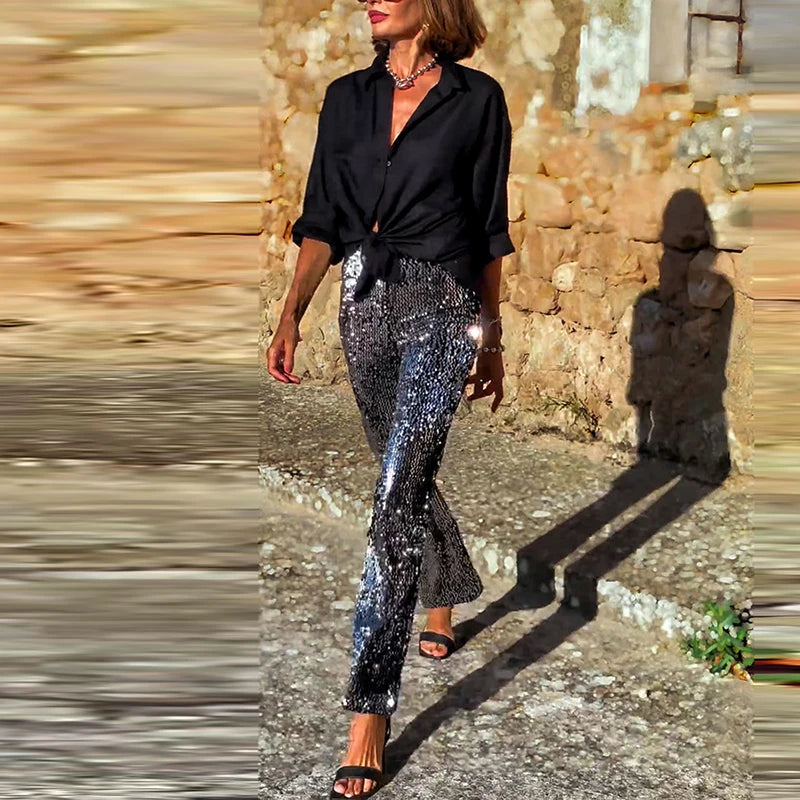 Shiny Sequins Club Party Elastic Waist Flared Pants for Women