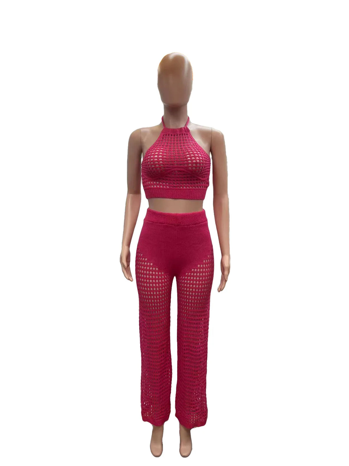 Sleeveless Pink Knit Two-Piece Trouser Set for Women