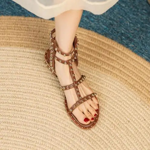 Retro Brown Rivet Studded Open Toe Slingback Sandals for Women