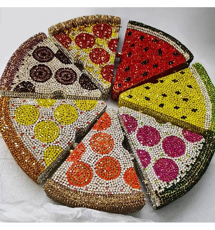 Alizekerr Pizza Shaped Diamond Evening Clutch Bags 2024 New Gorgeous Unique Metallic Watermelon Rhinestone Purses Wedding Party