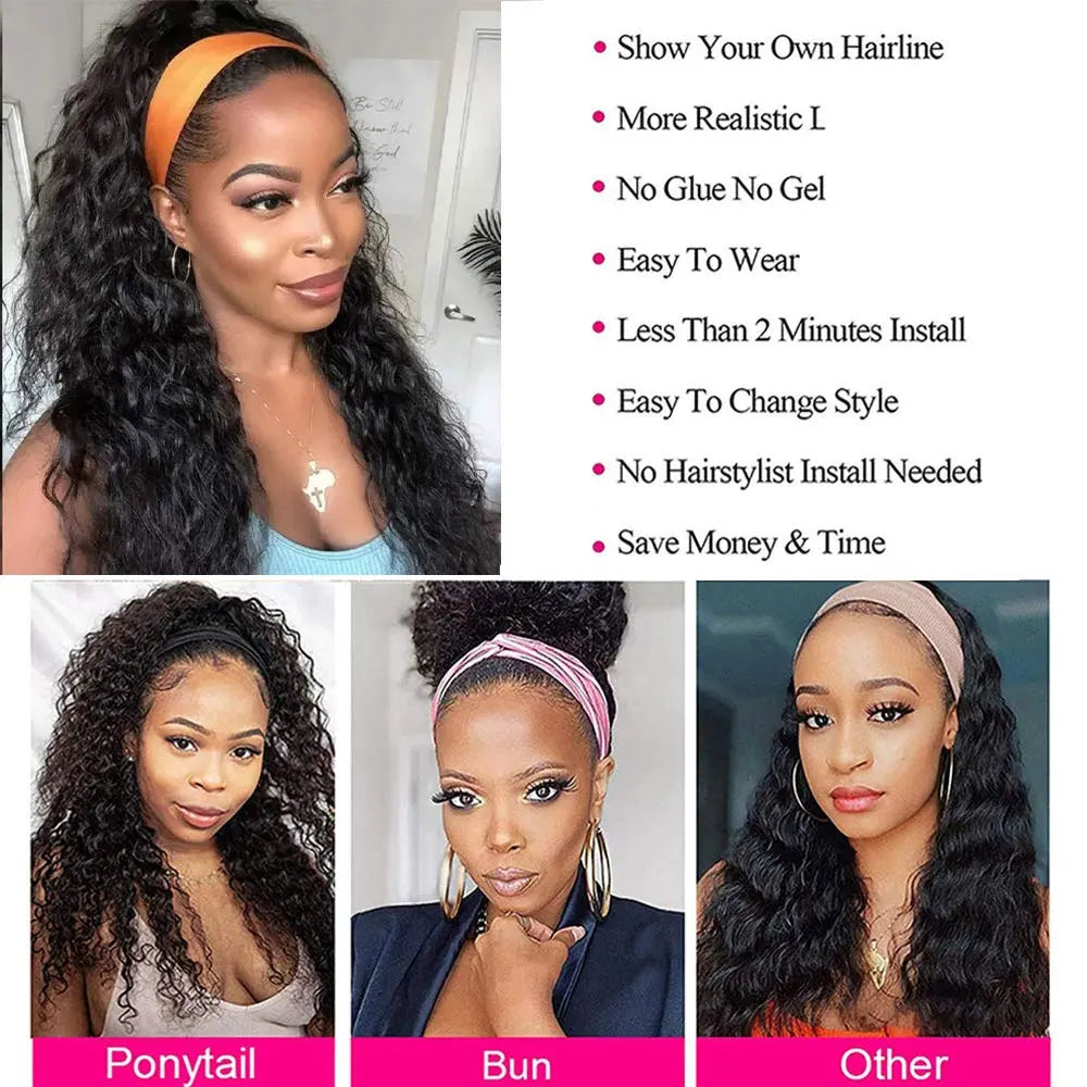 Long Water Wave Human Hair Headband Wig