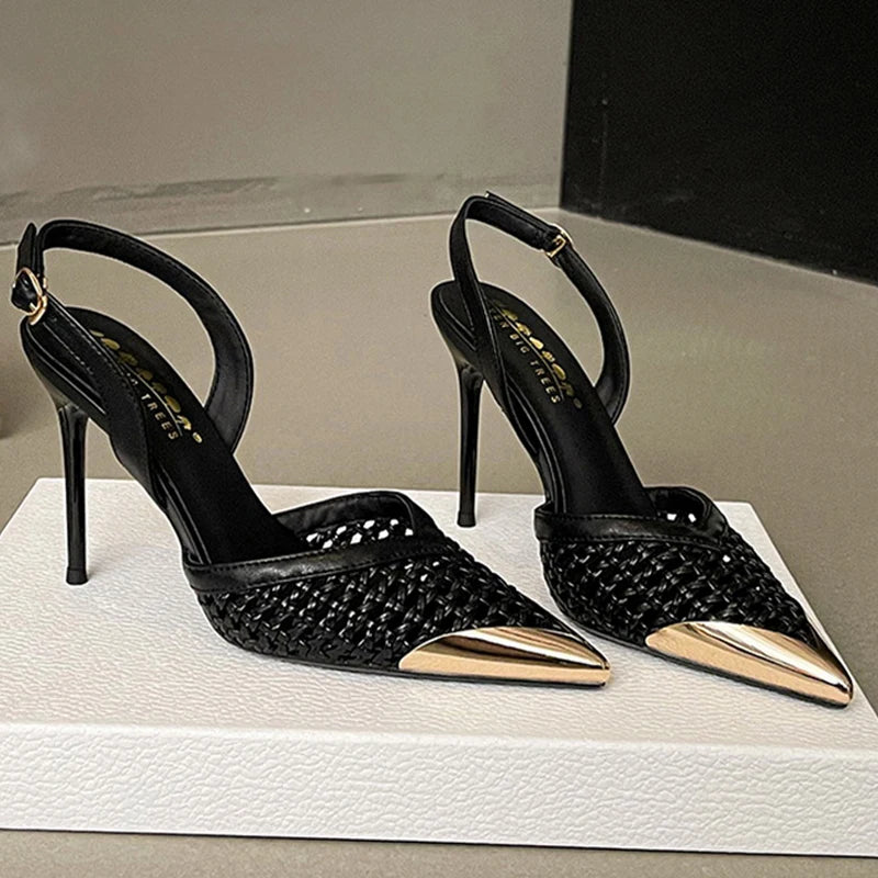 Woven Pointed Toe Slim Stiletto Heel Sandals for Women