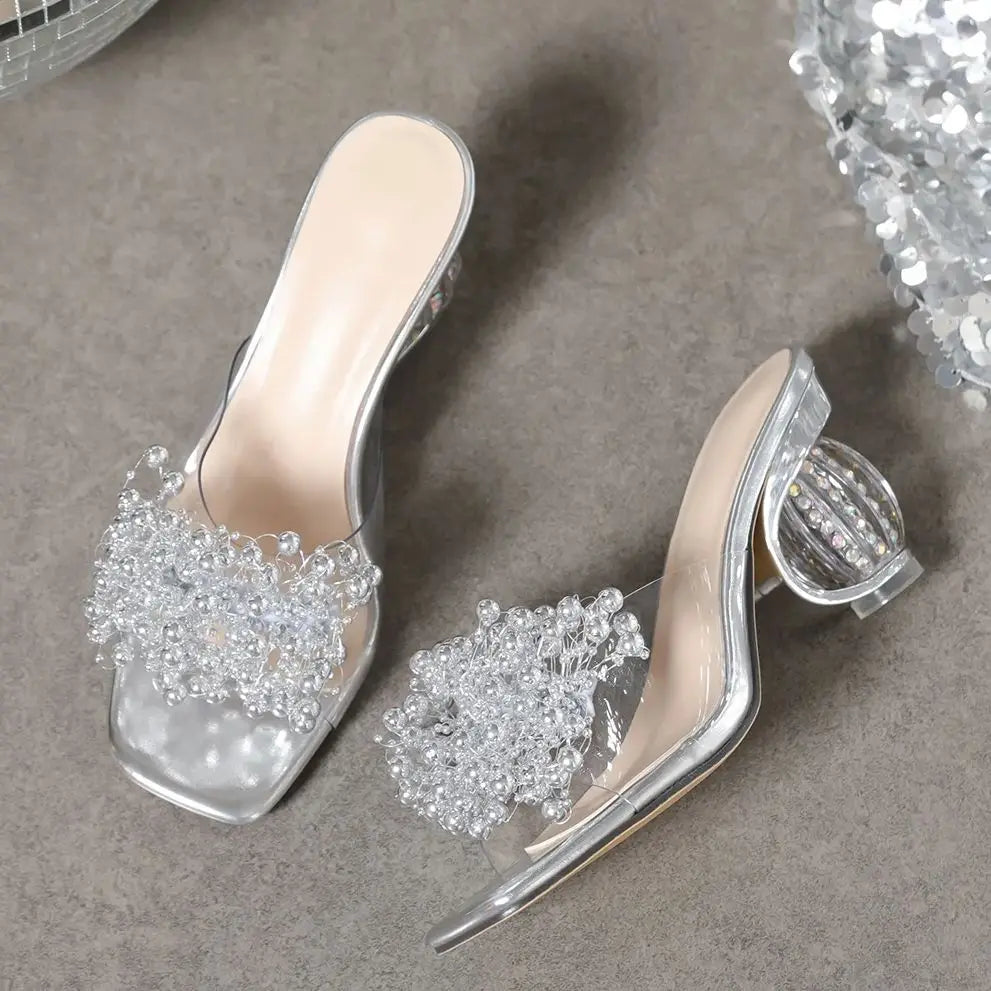 Water Diamond Flower Embellished Glitter Sandals for Women