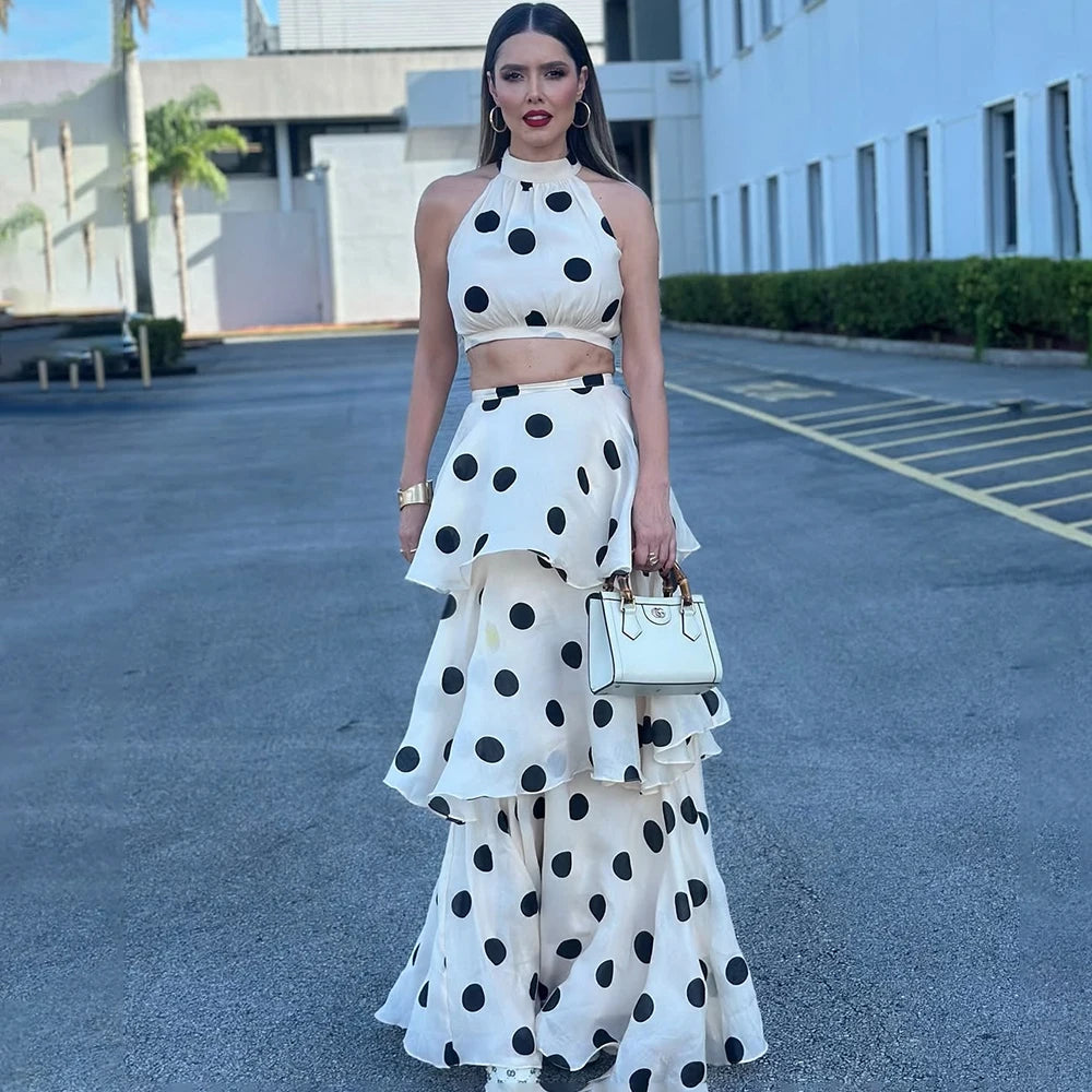 Polka Dot Sleeveless Pleated Two Piece Dress Set for Women
