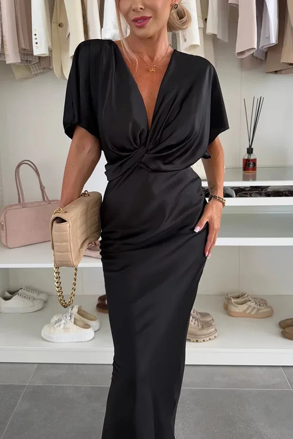 2025 Womens Satin Dresses Summer Khaki Black Blue Dress Woman V-Neck Bat Sleeve Vestidos Elegant Luxury Dresses