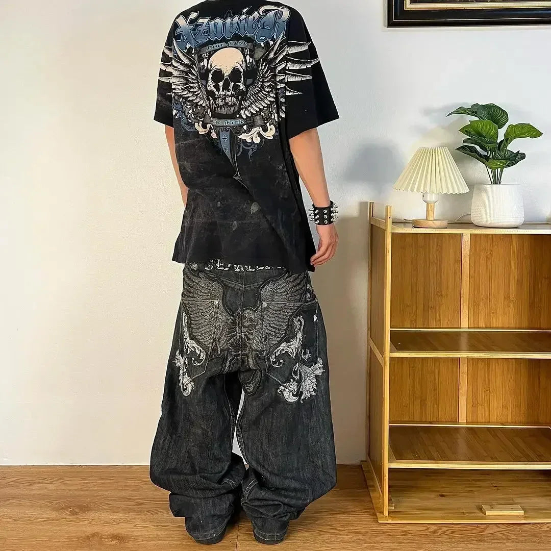 Black Y2K Hiphop Gothic Multi Pocket Zipper Jeans for Men Japanese Streetwear Trendy Cargo Pants European Urban Baggy Denim