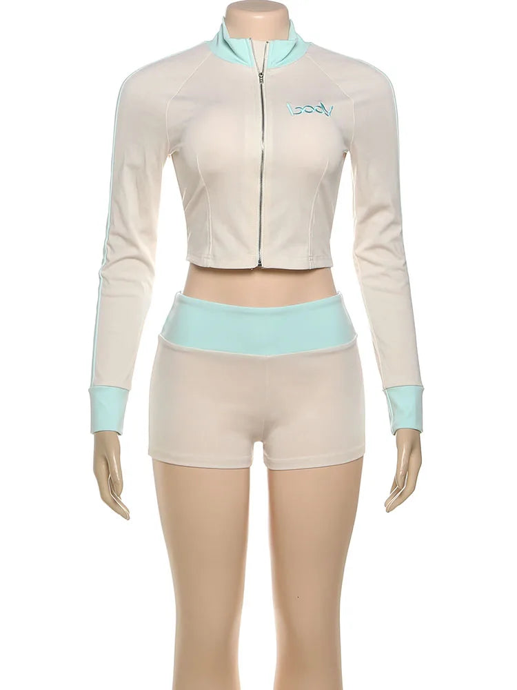 Sisterlinda Casual Sporty 2 Piece Set Women Letter Embroidery Zip Navel Exposed Jacket+Contrast Patchwork Shorts Simple Outfits