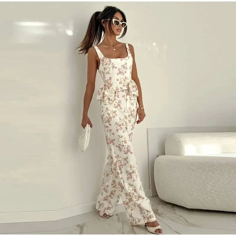 Urban Printed Vest and Wide Leg Pants Two Piece Set for Women