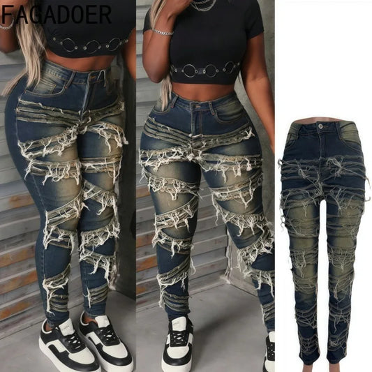 FAGADOER Y2k Fashion Tassel Patchwork Pants for Women Summer  New Tie-dye High Waist Jeans Female Y2k Streetwear Bottoms New