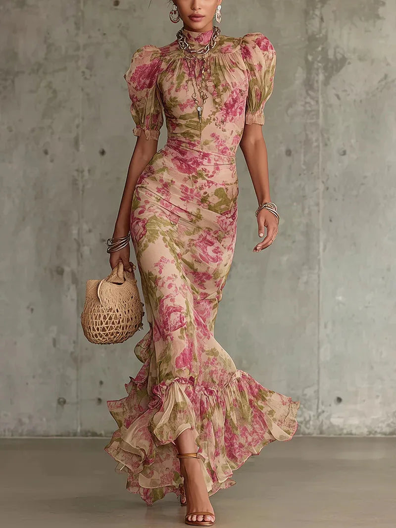 Vintage Chiffon Maxi Dress With Stand Collar Short Sleeve for Women
