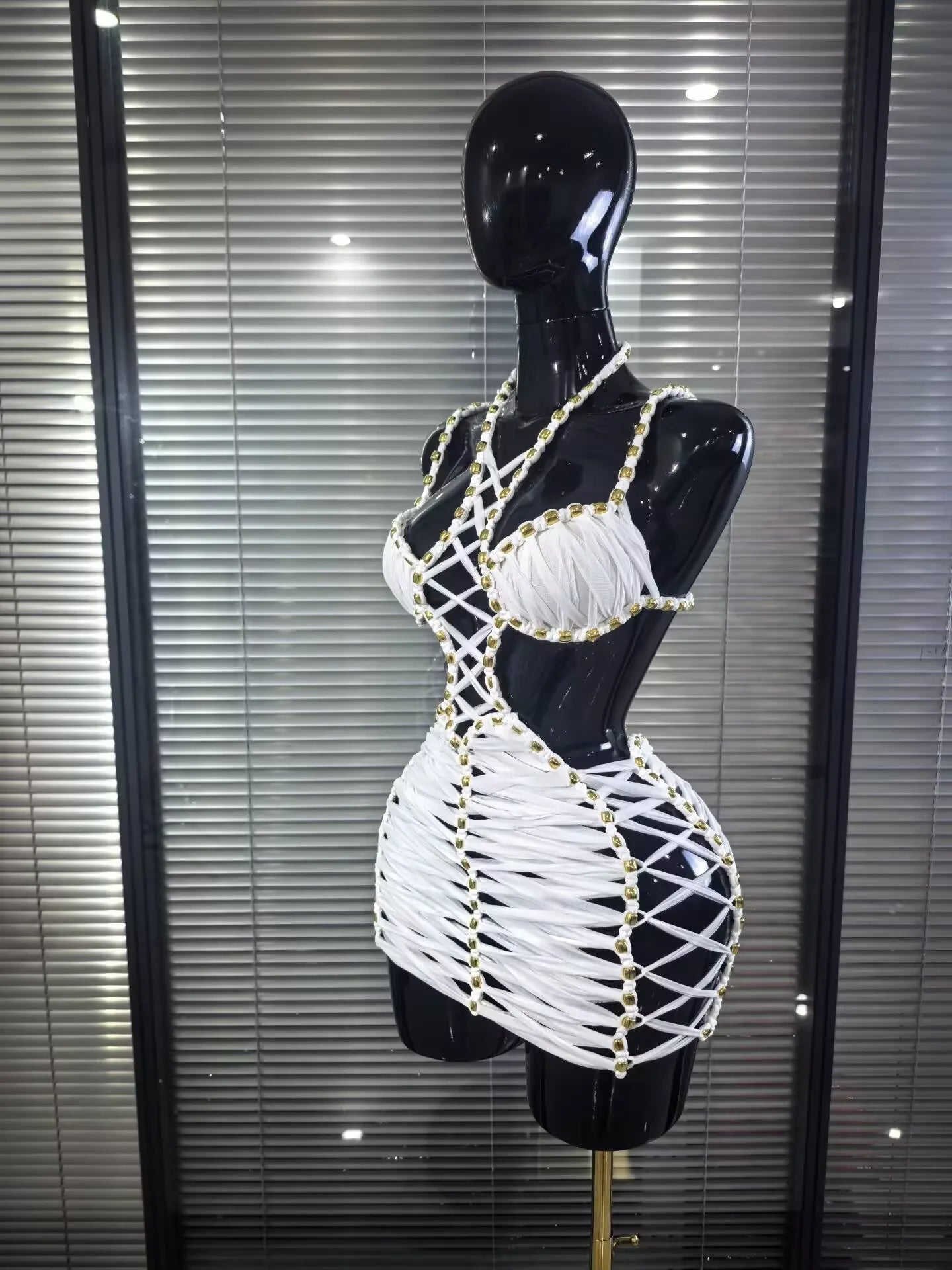 New White Color Women Sexy Halter Hollow Out Bodycon Mini Dress Celebrate Nightclub Party Bar Singer TV Show Performance Costume