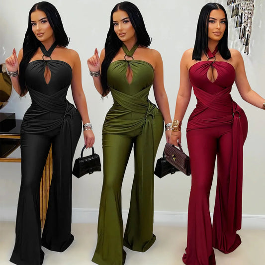Elegant Halter Pleated Bodycon Party Jumpsuit for Women
