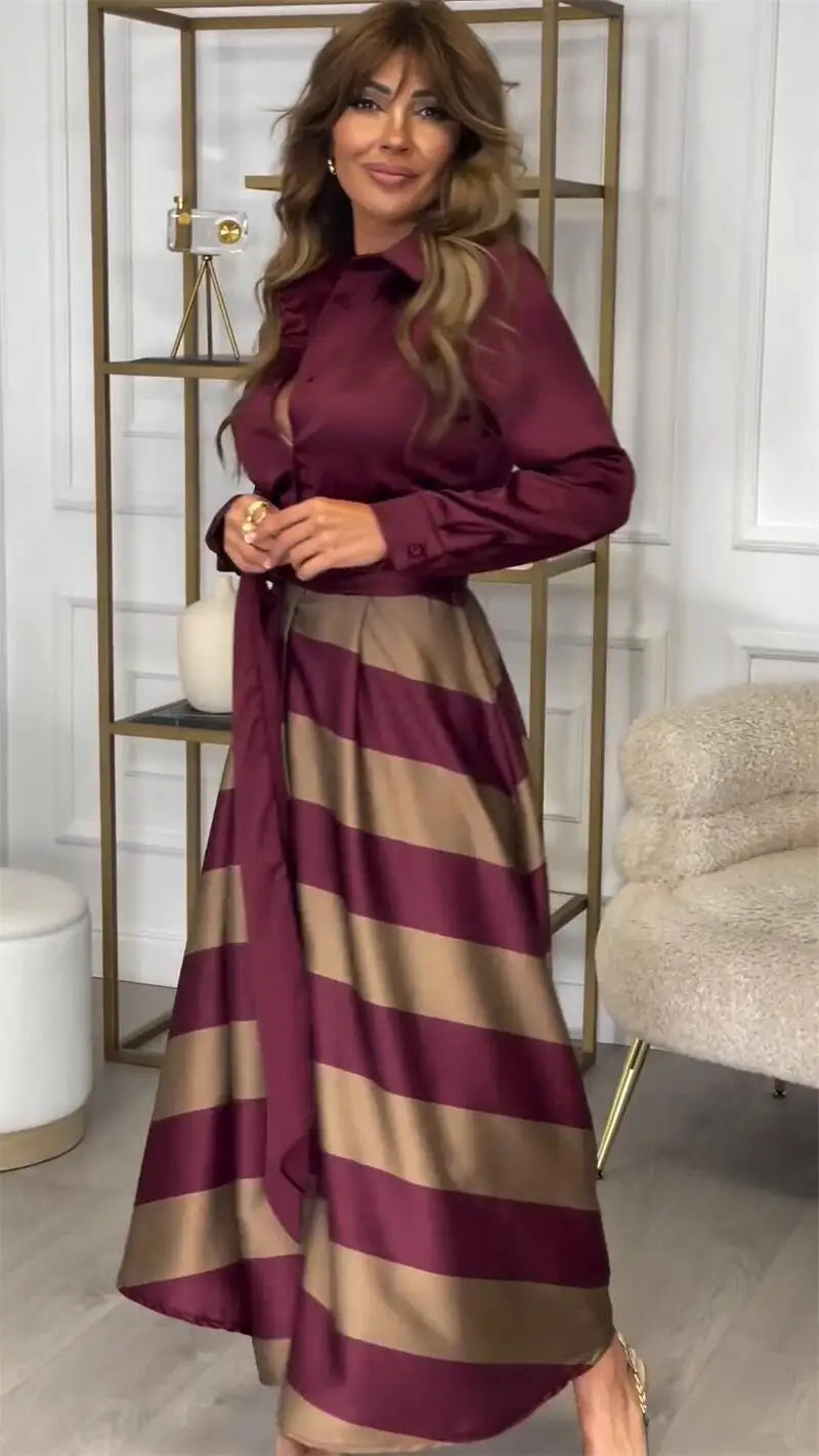 Women's Fashion Spring Autumn Satin Long Dress Casual Long Sleeved Lace Up Turn-down Collar Skirts Vintage Pattern Printed Dress
