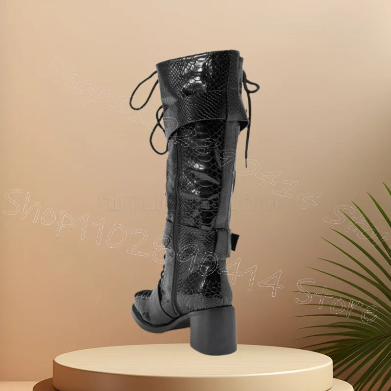 Premium Black Alligator Print Chunky Heel Boots For Women