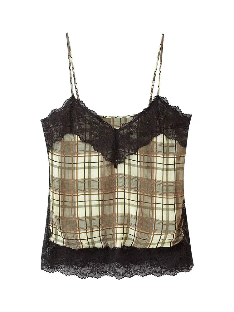 Lace V Neck Plaid Sleeveless Backless Cami Top for Women