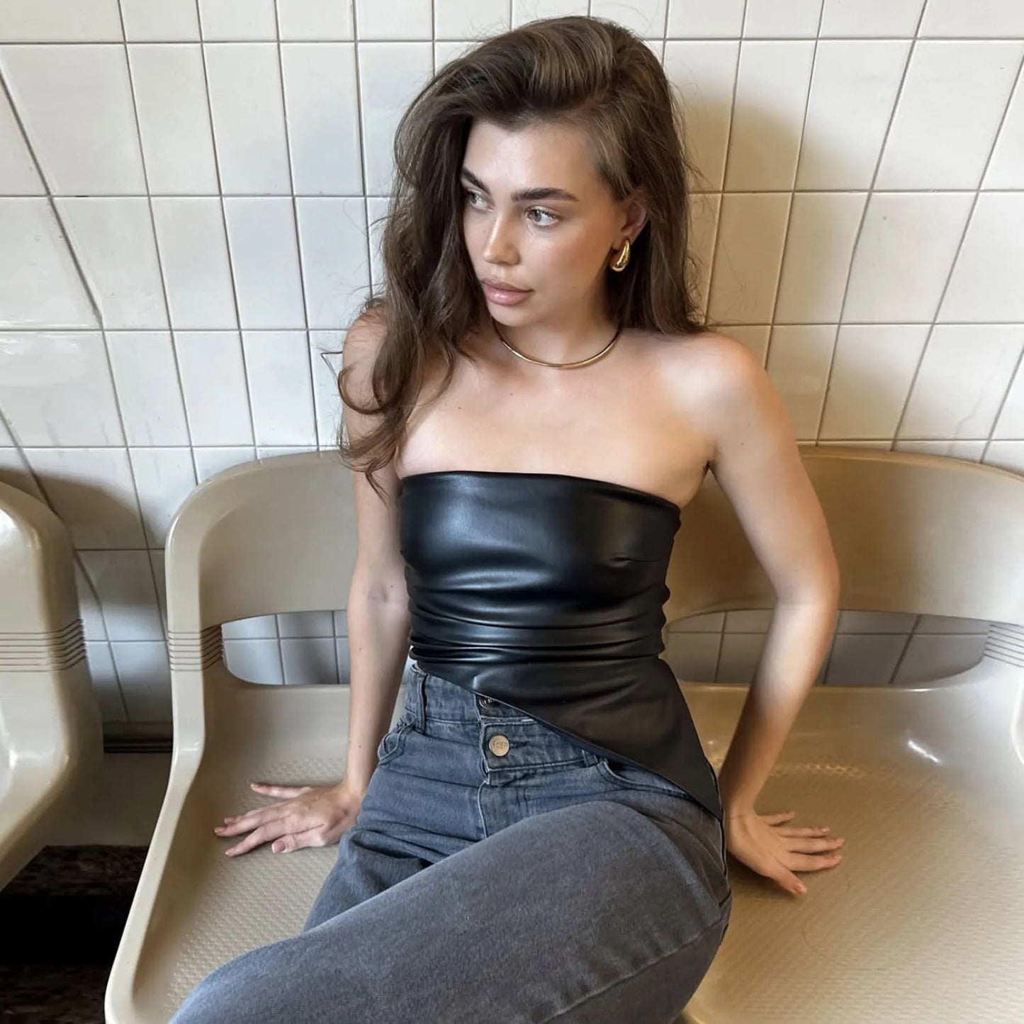 Zippered PU Leather Tube Top