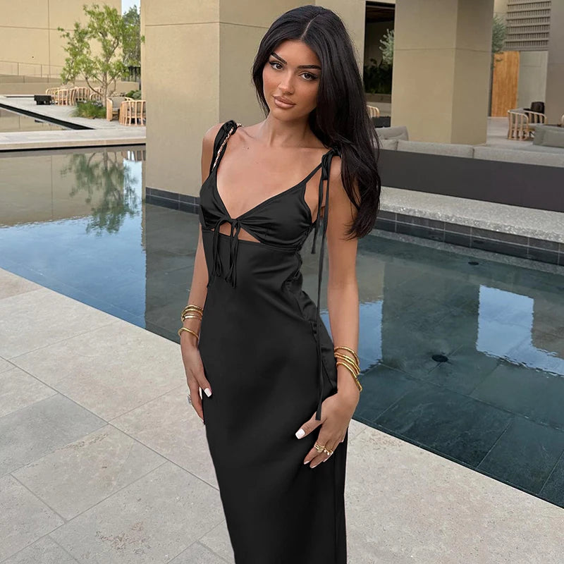 TARUXY V-neck Cut Out Lace-Up Spaghetti Strap Dress For Women Summer Beach Long Dress Fashion Sexy Sleeveless Slim Gown Clothes