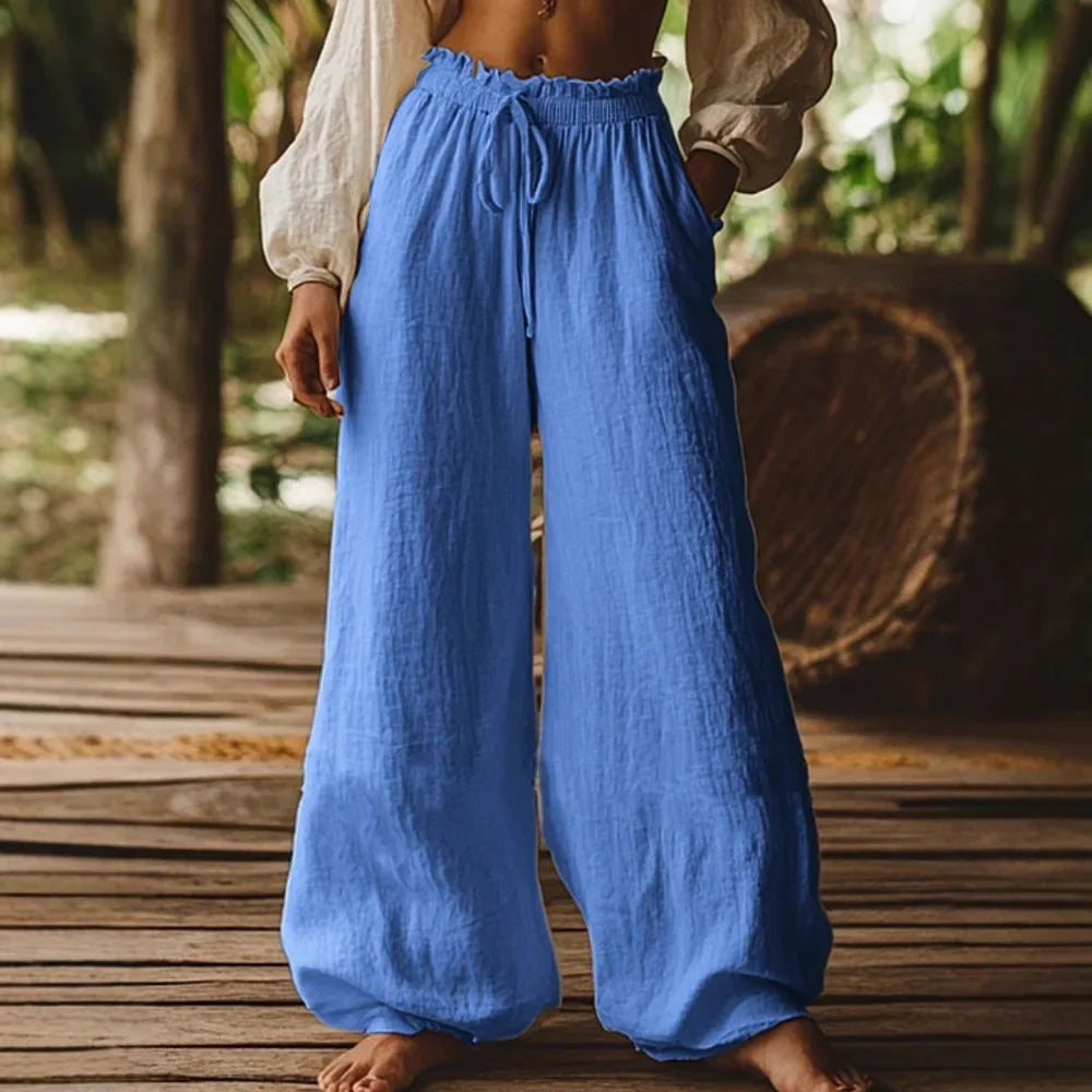 Women's Cotton and Linen Casual Loose Wide Leg Pants Autumn Retro Elastic Waist Drawstring Tied Pocket Pants Ethnic Vacation