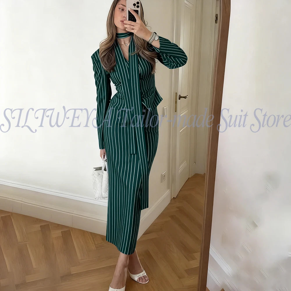 Single Breasted Blue Striped Blazer Skirt Set for Women