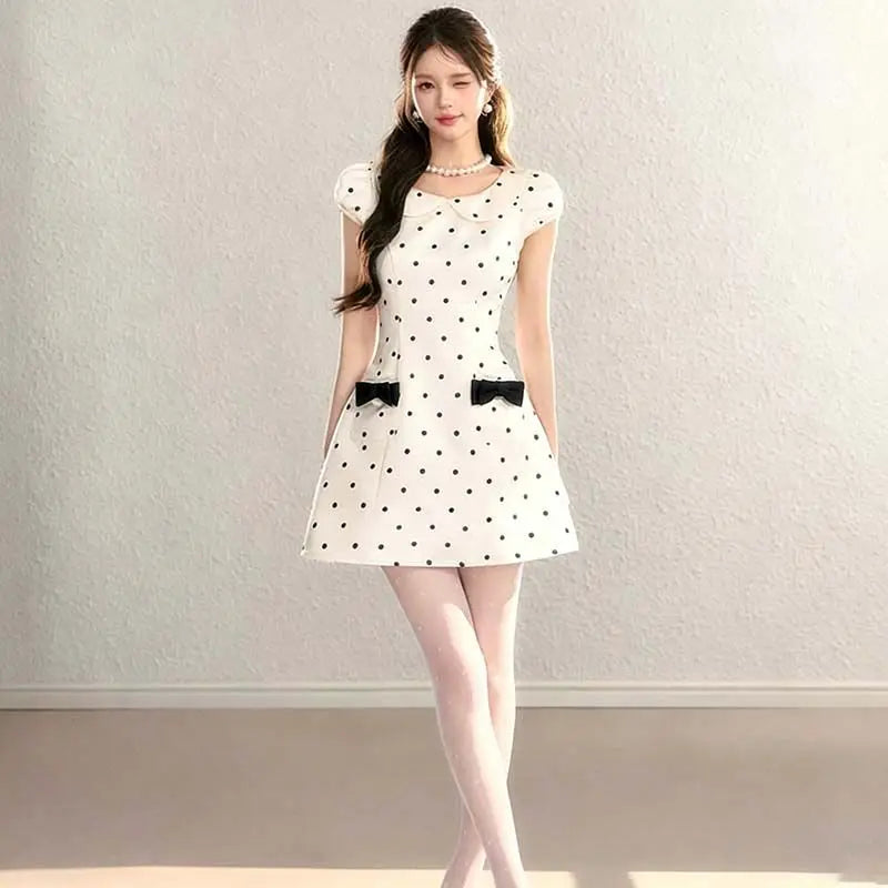 French Polka Dot Doll Collar A Line Bow Dress For Women
