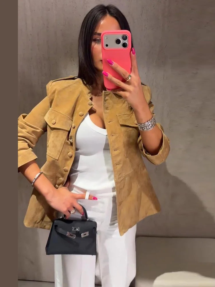 Vintage Stand Collar Single Breasted Military Coat For Women