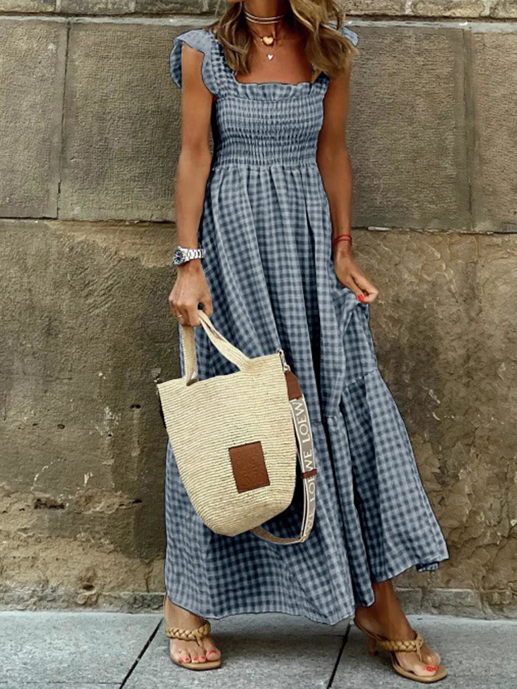 Flowy Plaid Backless Maxi Dress with Elastic Waist for Women