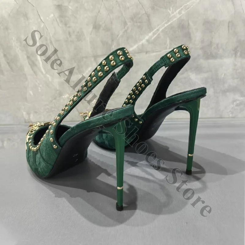 Ornate Gold Studded Emerald Jacquard Slingback Heels For Women