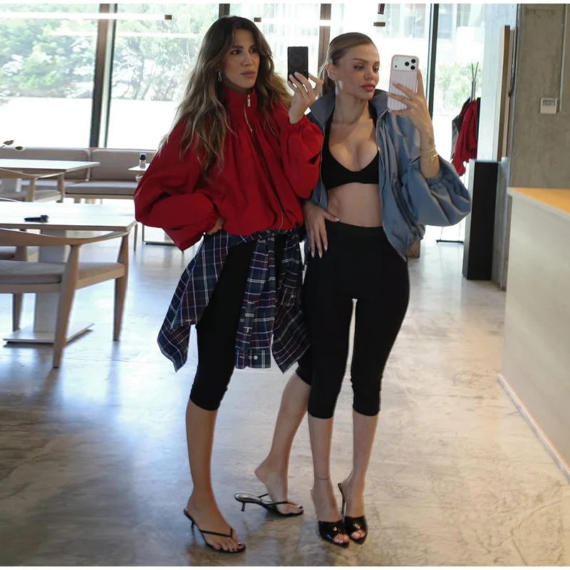 Zip Up High Neck Puff Sleeve Cropped Jacket For Women