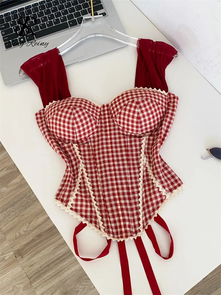 Retro Gingham Lace Up Bustier Corset Top for Women
