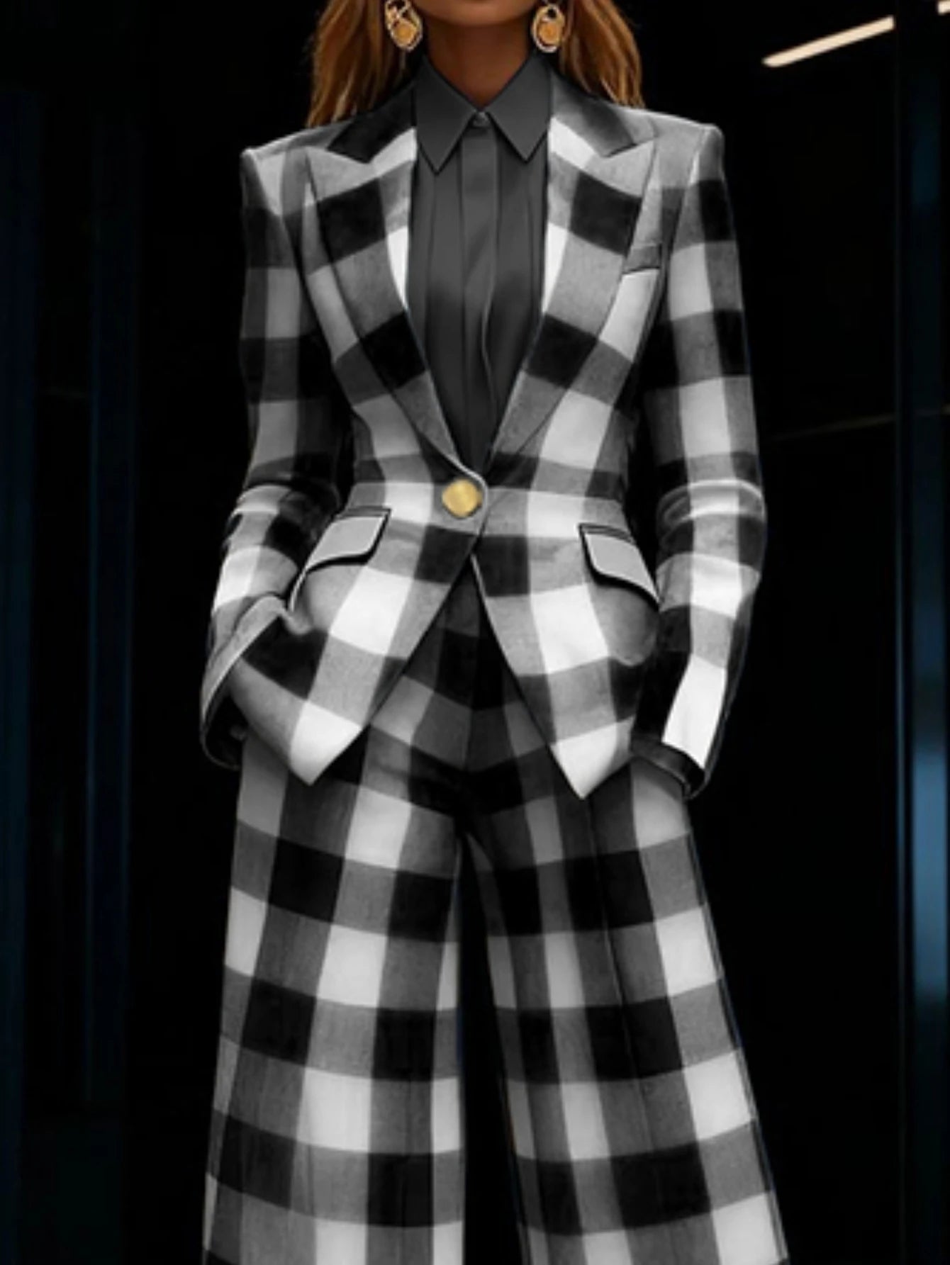 Plaid Print Lapel Single Button Blazer And High Waist Wide Leg Pants Two Piece Formal Business Matching Suit For Women Office Outfit Set