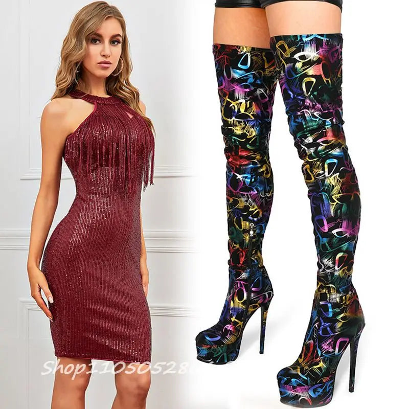 Colorful Graffiti Print Thigh High Platform Boots for Women