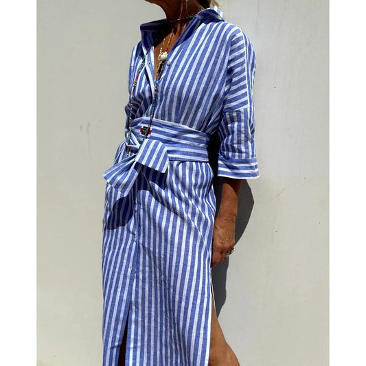 2025 Summer New Women's Stripe Lapel Half Sleeve Shirt Dress Turn-down Collar Button Front Midi Dress With Belt