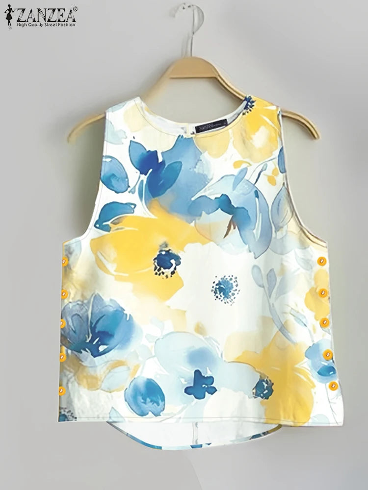 ZANZEA Womens 2025 Summer Casual Floral Printed Tank Tops Fashion O-Neck High-Low Sleeveless T-Shirts Day Wear Simple Camis Tops