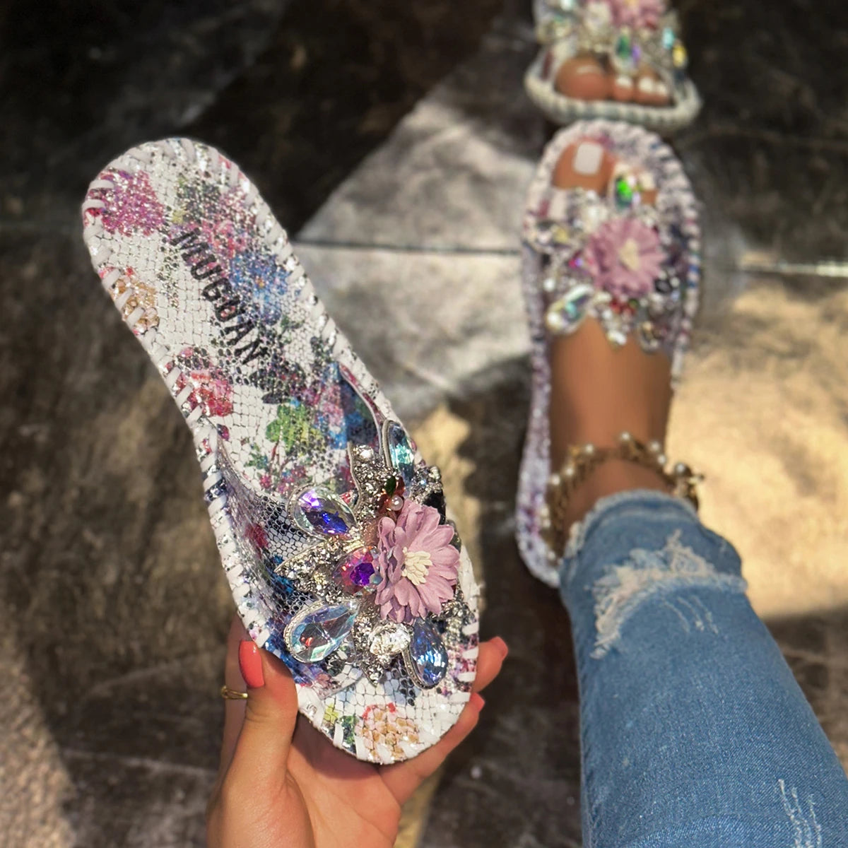 Crystal Flower Platform Outdoor Slippers for Women