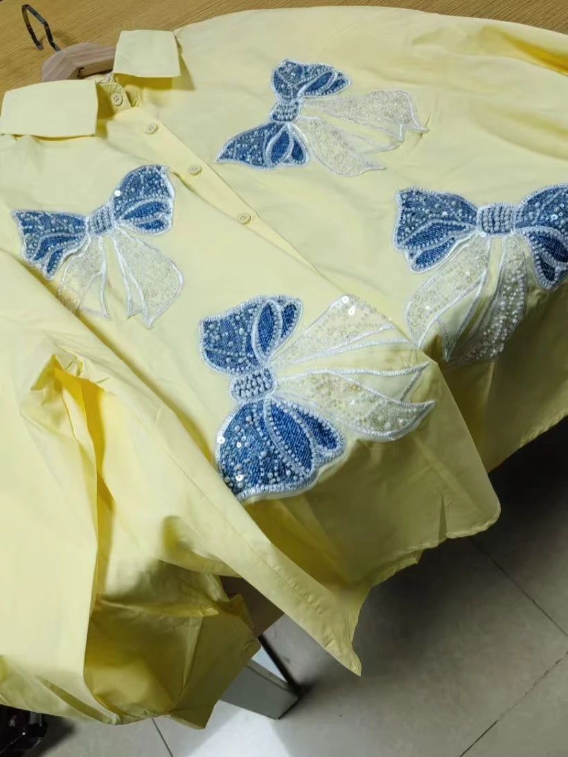 Luxury Diamonds Sequins Pearls Cotton Blouses Shirts for Women 2025 Autumn Trend Shirt Long Sleeve Tops Camisas De Mujer