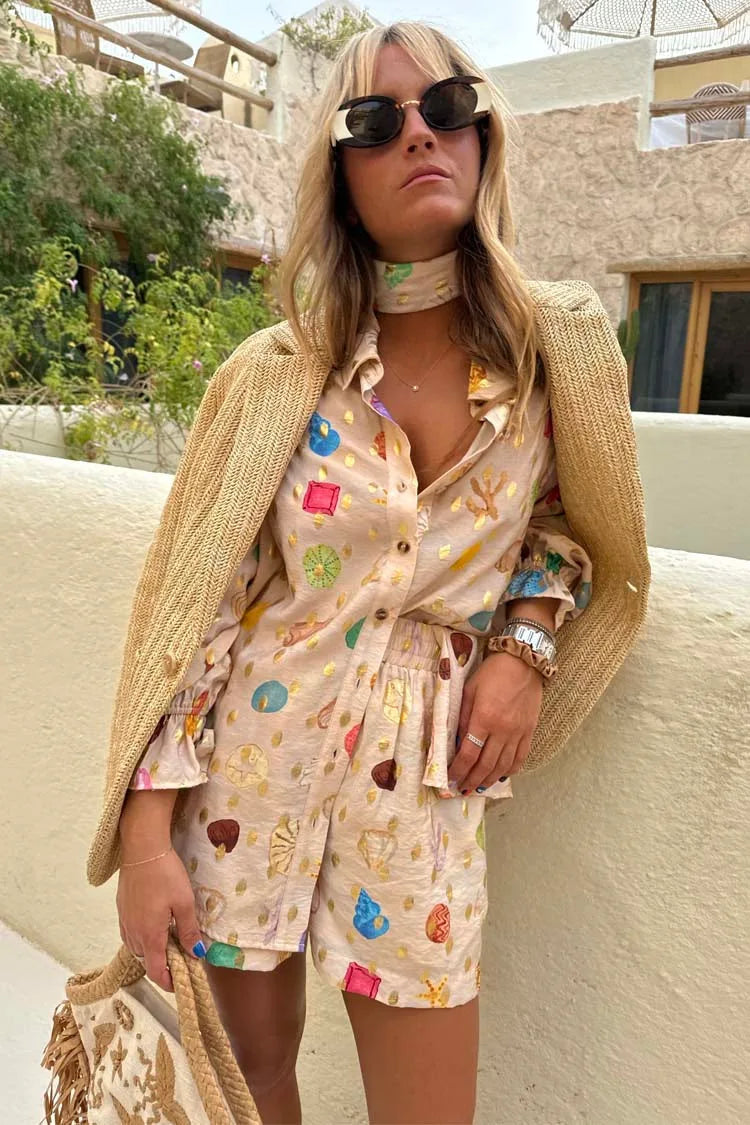 Printed Loose Lapel Long Sleeve Shirt Shorts Two Piece Set For Women