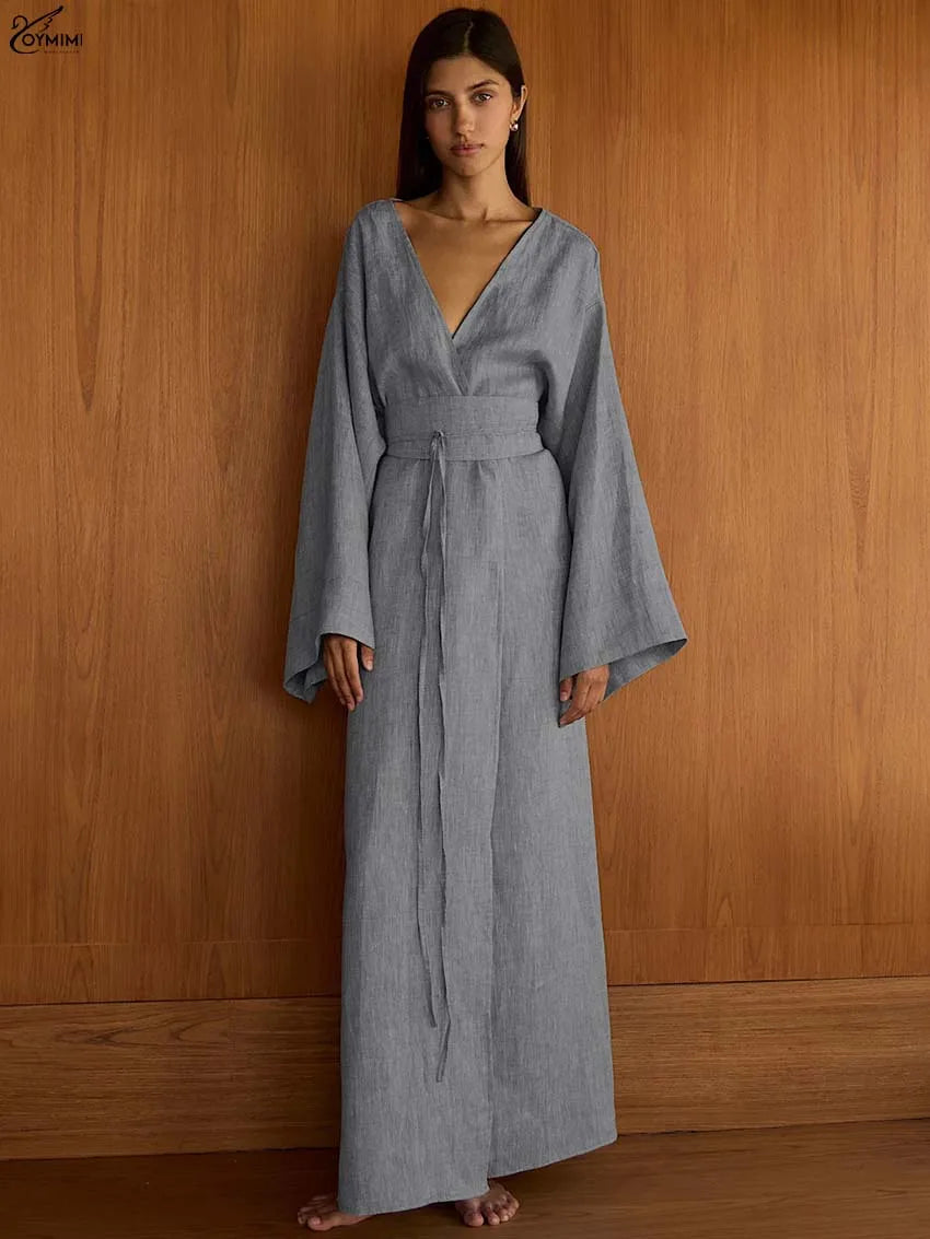 Oymimi Elegant Grey V-Neck Womens Dresses Fashion Long Sleeve Lace-Up Loose Dresses Casual Side Slit Ankle-Length Dress Female