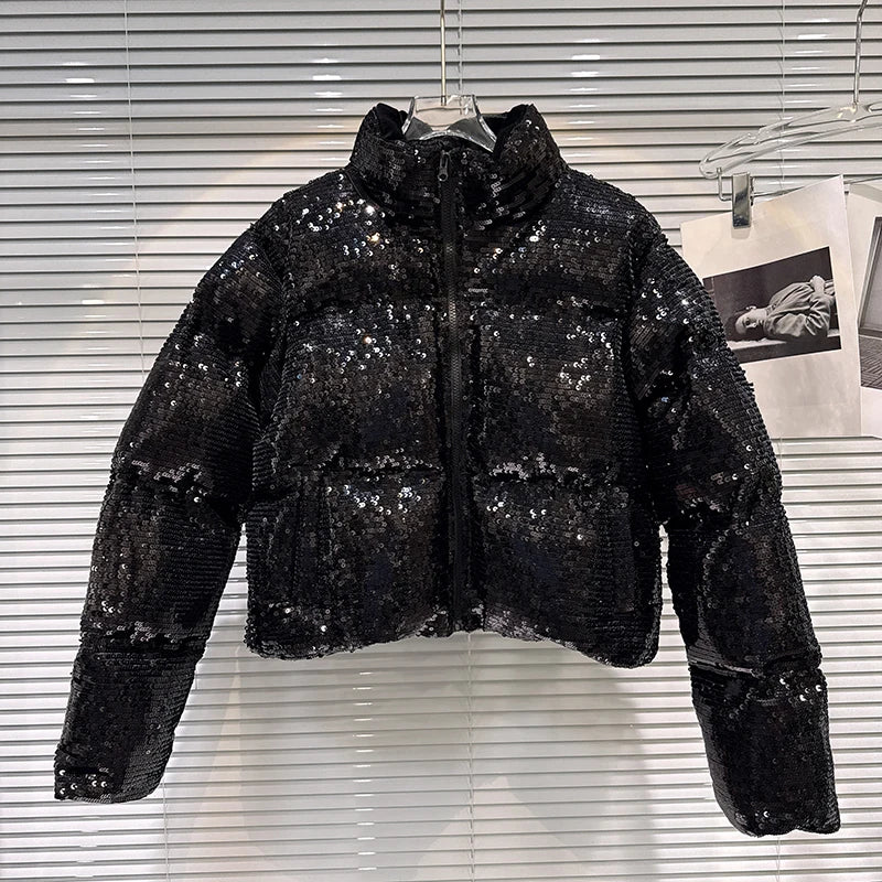 Shiny Sequin Stand Collar Padded Winter Jacket For Women