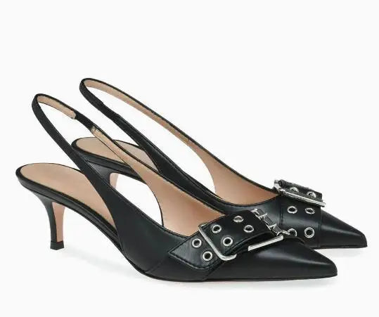 Matte Leather Big Buckle Kitten Heel Slingback Sandals for Women