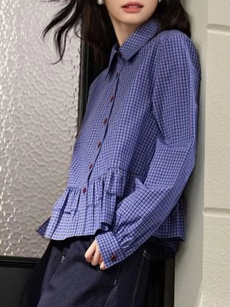 Blue Checkered Ruffle Trim Blouse With Turn Down Collar for Women