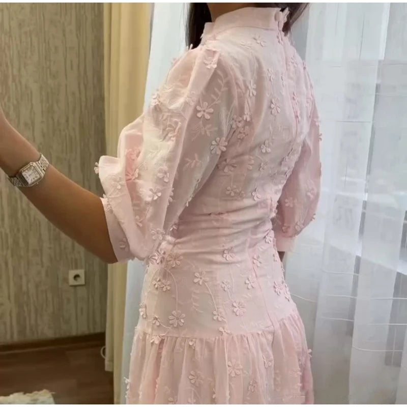 Floral Puff Sleeve Empire Waist Long Dress for Women