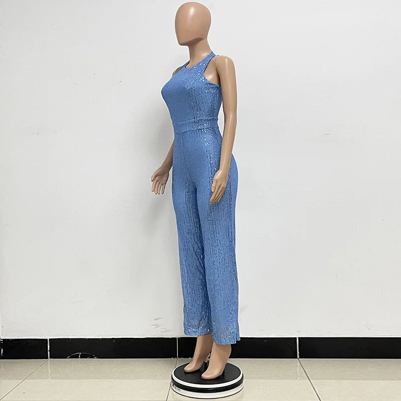 Elegant Silver Sequined Straight Cut Jumpsuit for Women
