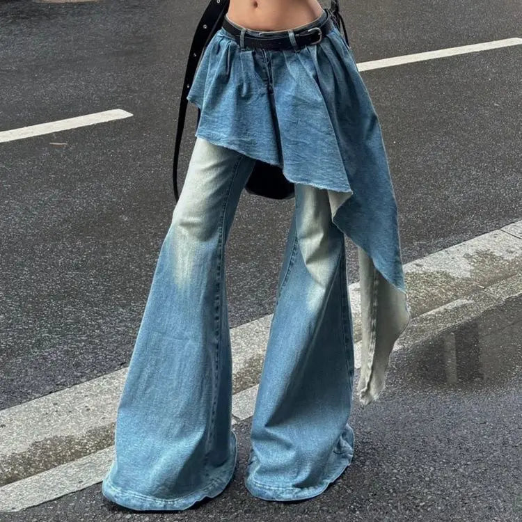 Y2K European and American Retro Washed Design Splicing Fake Two-piece Blue Jeans Women's Popular Loose Sexy Bell-bottom Pants