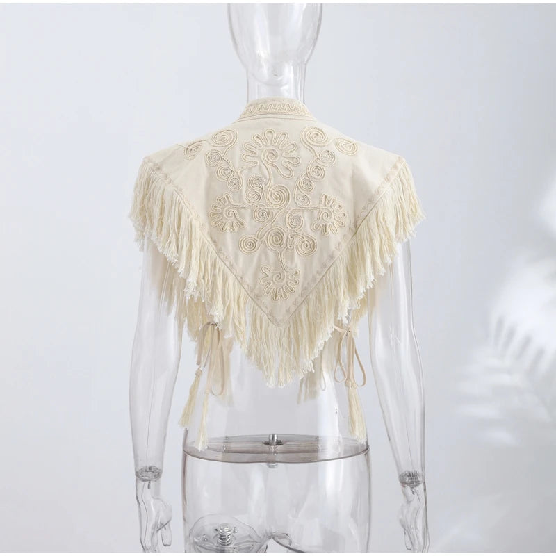 Soft Elegant Tassel Embroidered Polyester Square Shawl for Women