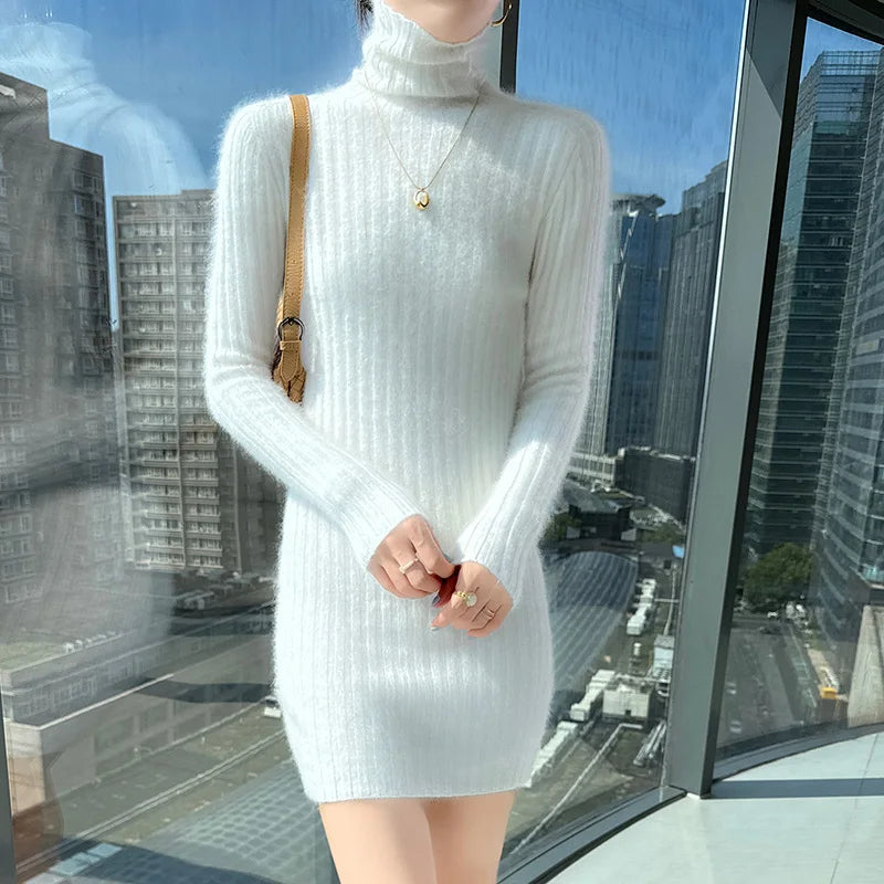High Neck Slim Fit Stretch Knit Mini Dress for Women