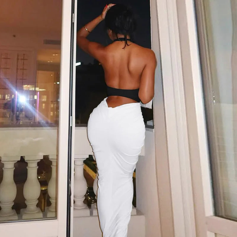 BOOFEENAA Patchwork Halter Backless Maxi Dress for Dinner Evening Gown Sexy Elegant Party Dresses for Woman Fall 2025 C15-CH41