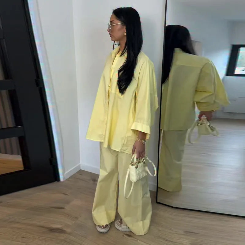 Casual Solid Shirt and Wide Leg Pants Set for Women